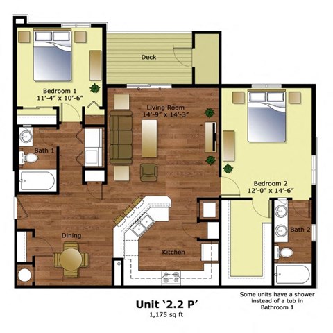 Floor plan for 2 beds, 2 baths, 1175 sqft